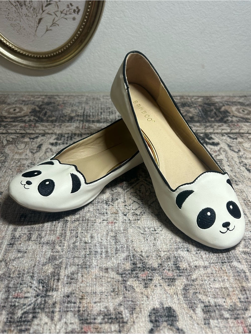 BAMBOO White Panda Ballet Flats with Black Accents